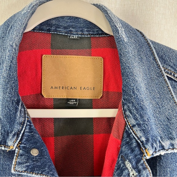AE American Eagle flannel lined denim jean jacket men’s buffalo check Size Large - Picture 3 of 12